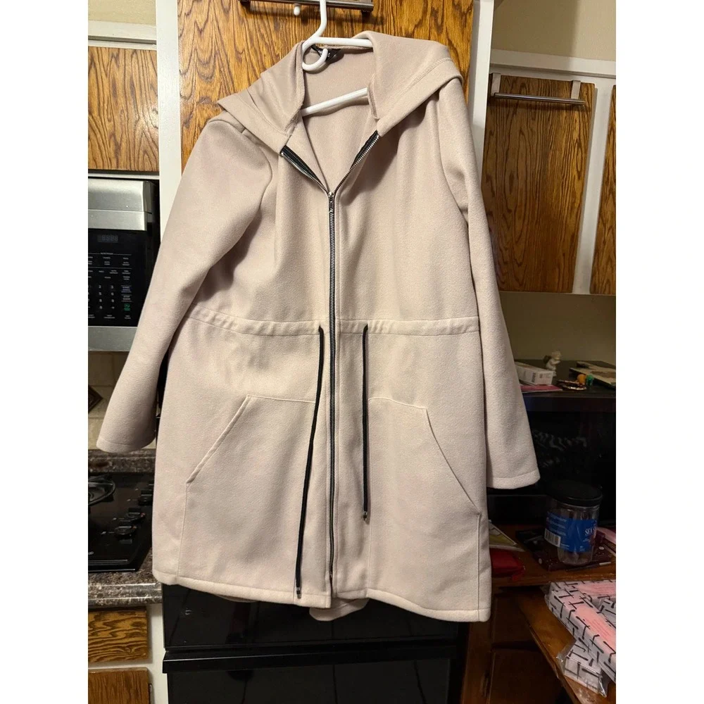 ChicMe Womens Beige Hooded Zip‎ Up Drawstring Waist Mid Length Coat XL